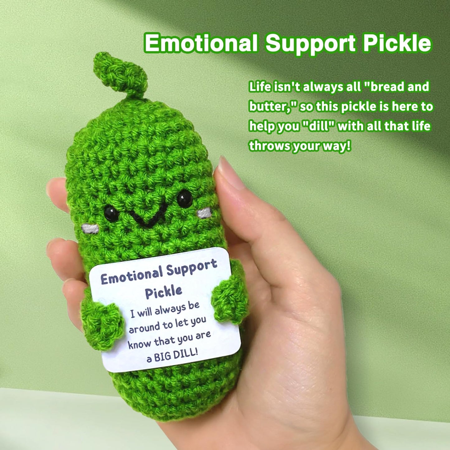 Handmade Emotional Support Pickle Gift, Cucumber Crochet Doll Inspirational Gifts with Wooden Base, Cute Knitted Cucumber Doll Funny Pickle Toy for Women, Boys, Girls